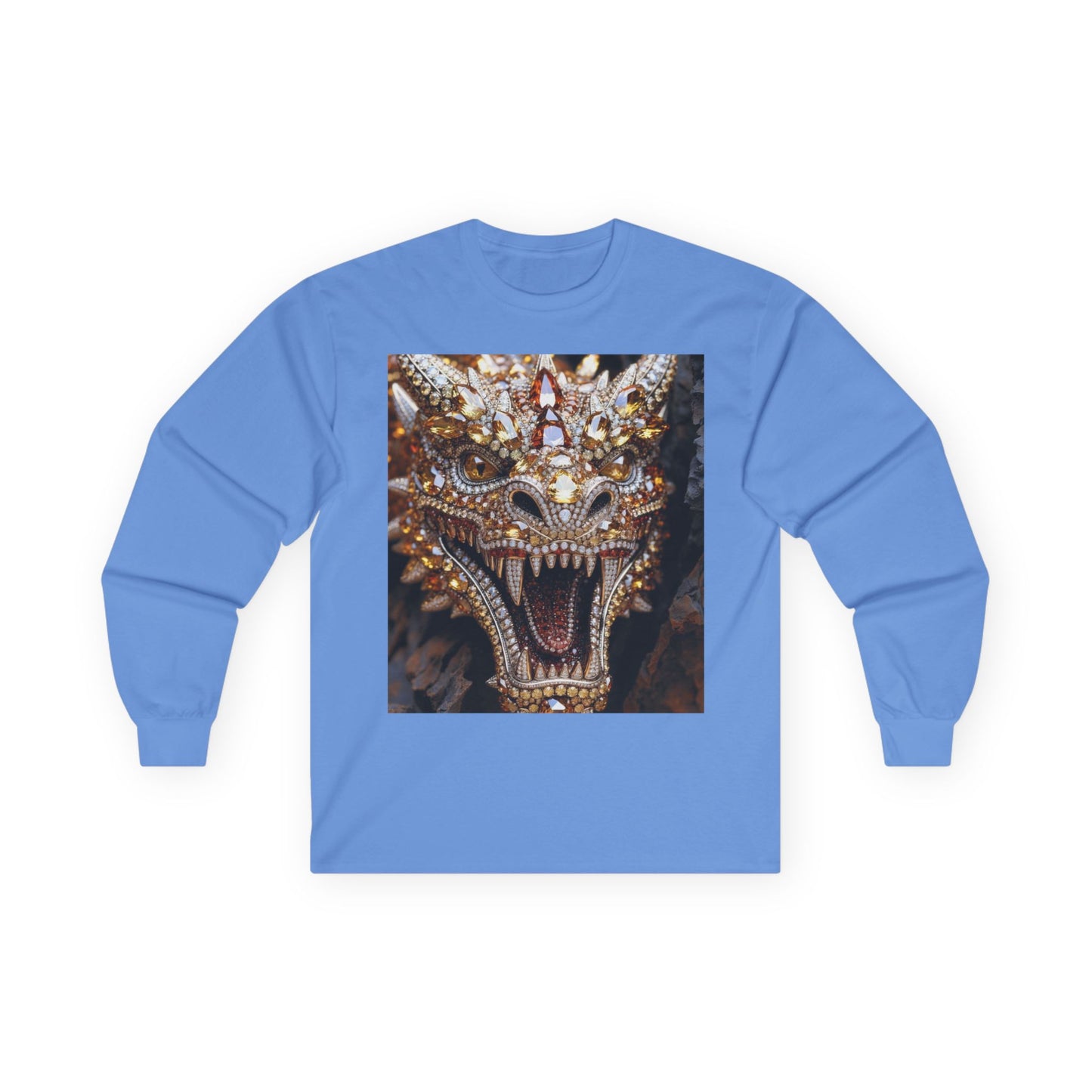 Dragon Mask Long Sleeve Tee — Ornate Fiery Dragon Face Graphic