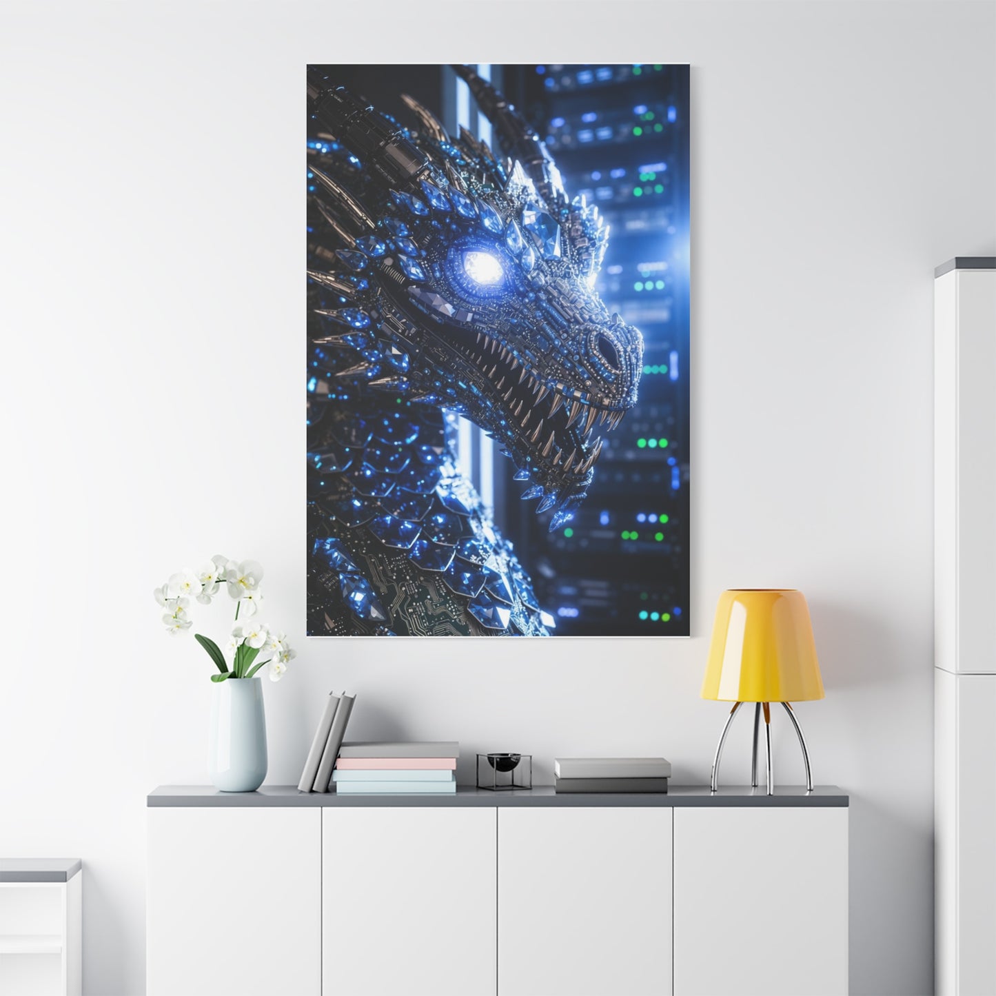 Cyber Dragon Canvas Print — Futuristic Metallic Dragon Wall Art