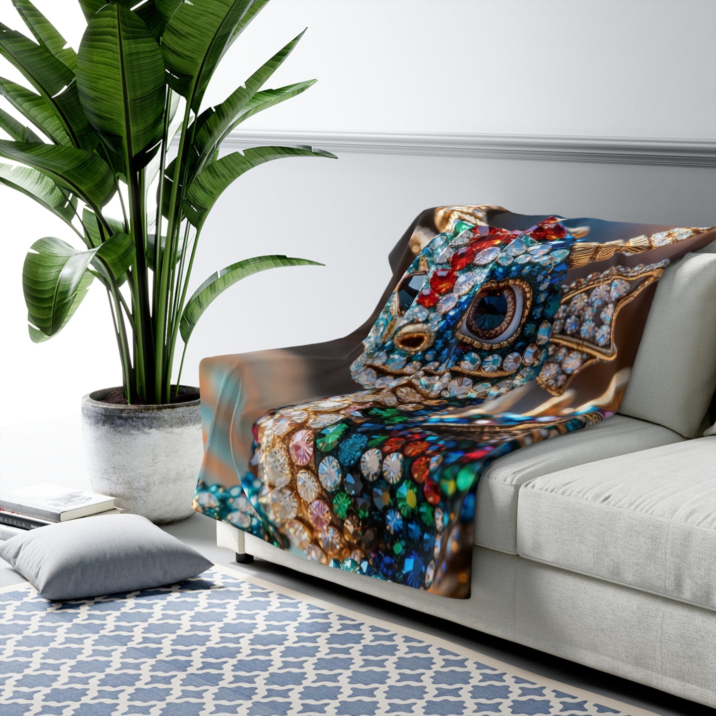 Jeweled Dragon Sherpa Blanket — Cozy Plush Fleece Throw with Gemstone Dragon Design