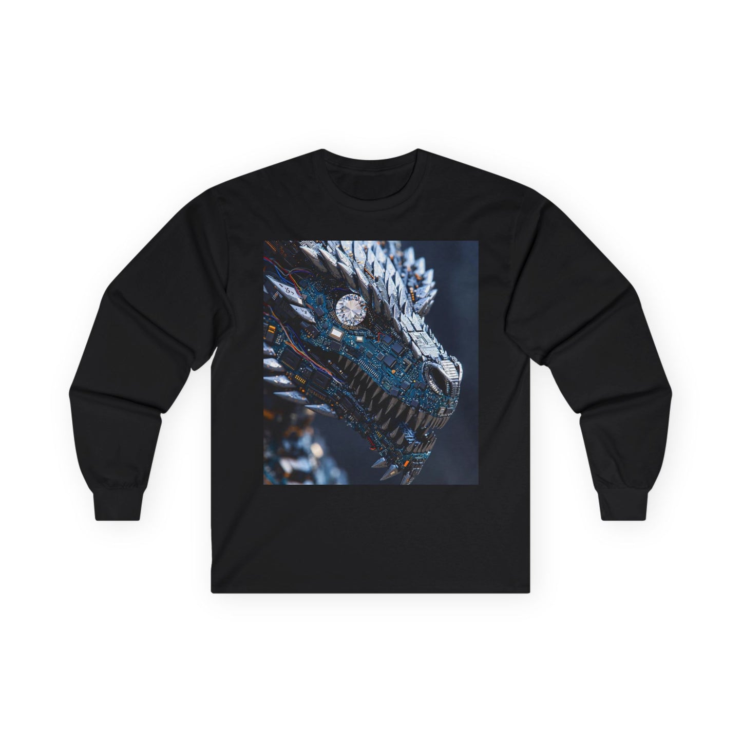 Dragon Head Graphic Long Sleeve Tee — Metallic Fantasy Artwork