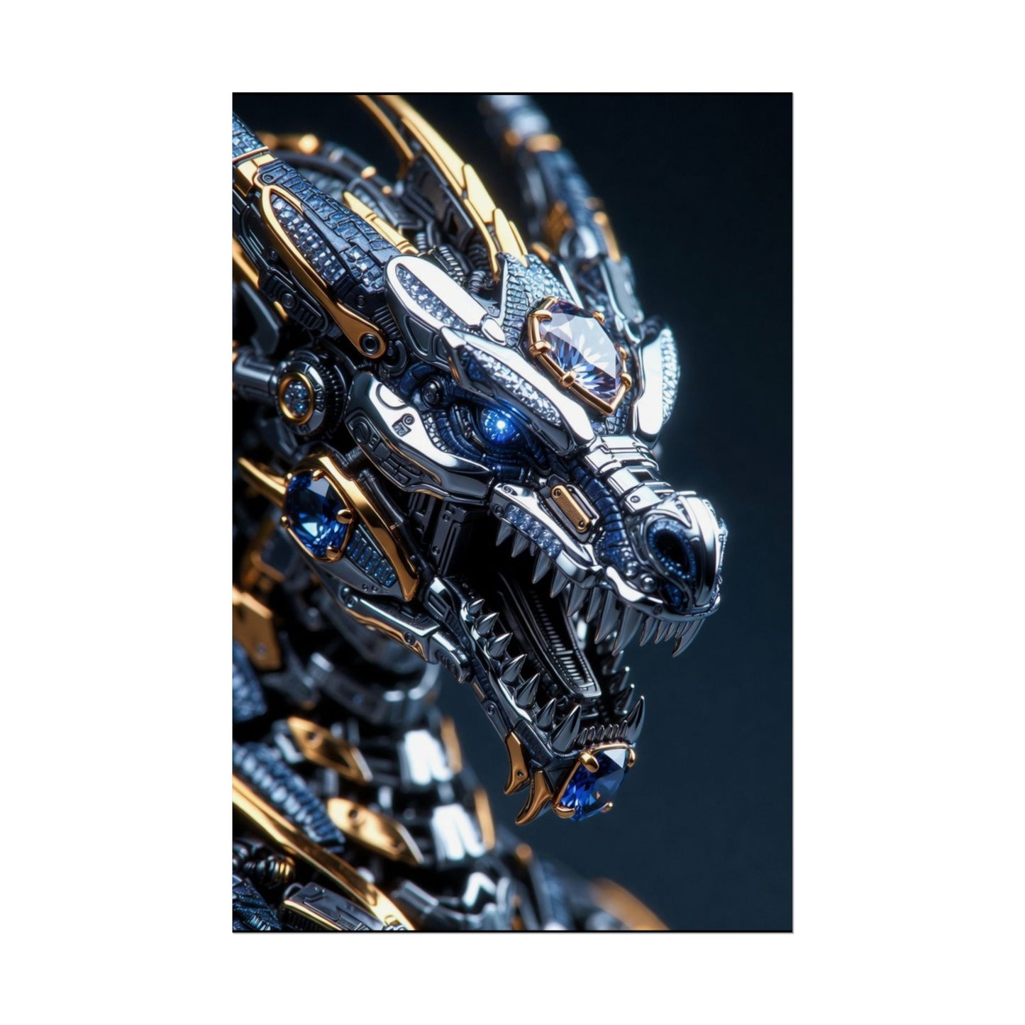 Mechanical Dragon Poster — Futuristic Gold & Blue Sci‑Fi Wall Art