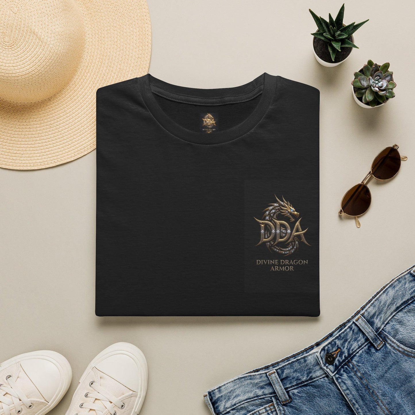 #1 Selling Dragon Logo Pocket T-Shirt — "DDA Divine Dragon Armor" Chest Patch