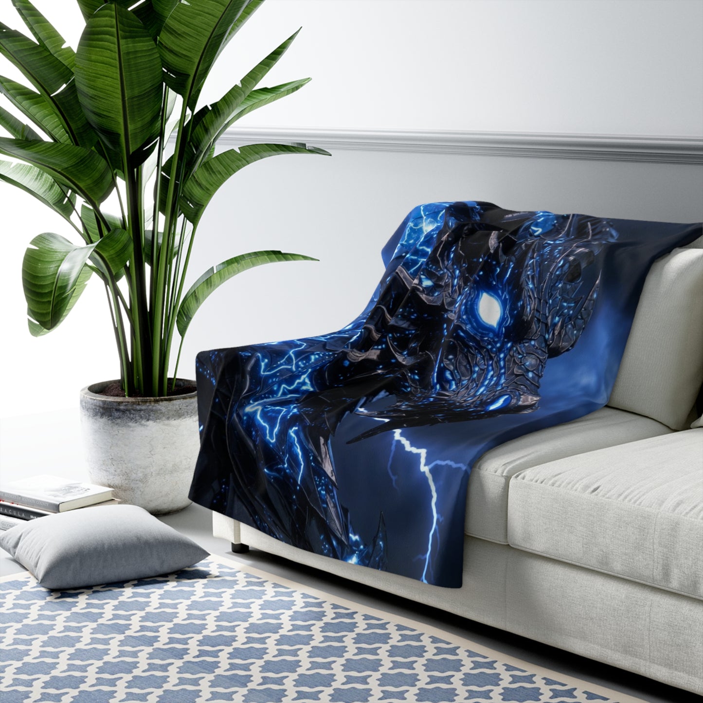 Electric Blue Dragon Sherpa Blanket — Plush Fleece Throw for Fantasy Fans