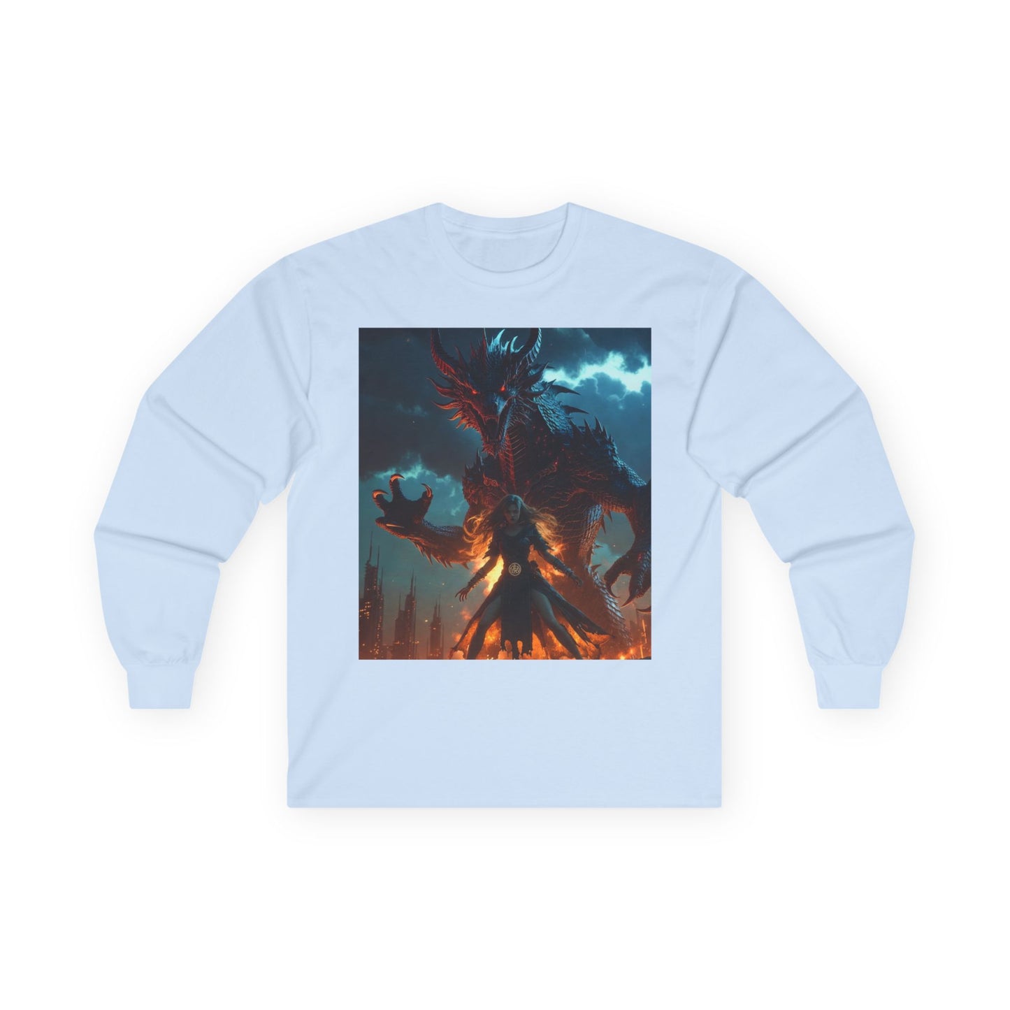 Dragon of Flame Long Sleeve Tee — Dark Fantasy Fire Demon Artwork