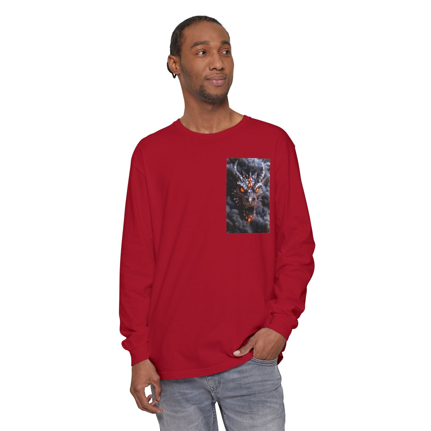 Long Sleeve T‑Shirt — Smoky Dragon Chest Print, Spooky Autumn Graphic