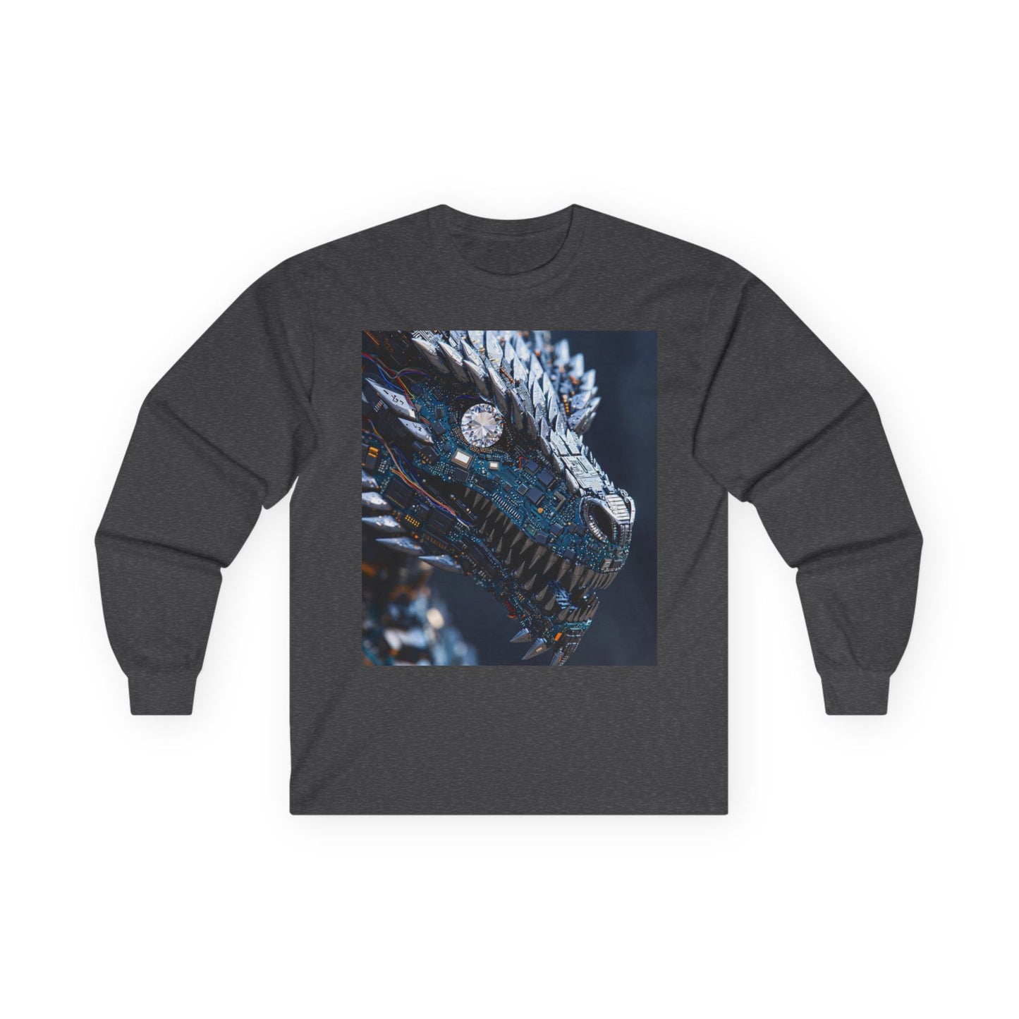 Dragon Head Graphic Long Sleeve Tee — Metallic Fantasy Artwork