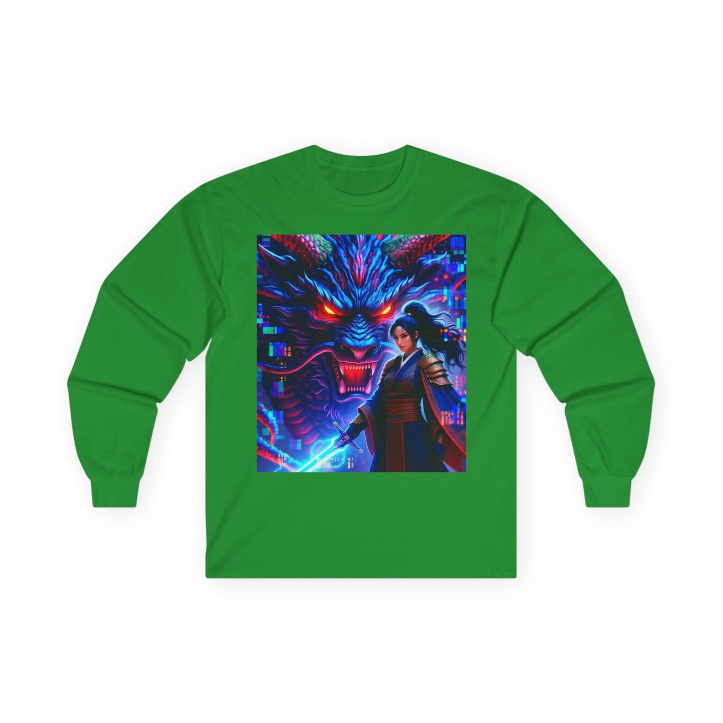 Long Sleeve Tee — Neon Samurai Wolf Art Graphic Shirt