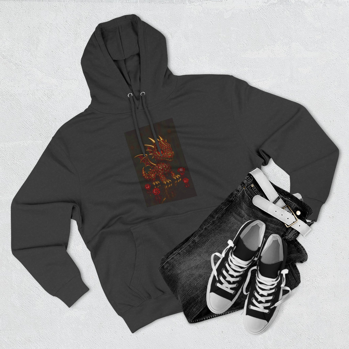 A RUBY RED Dragon Swirl Fleece Hoodie - Three-Panel Design for Fantasy Lovers