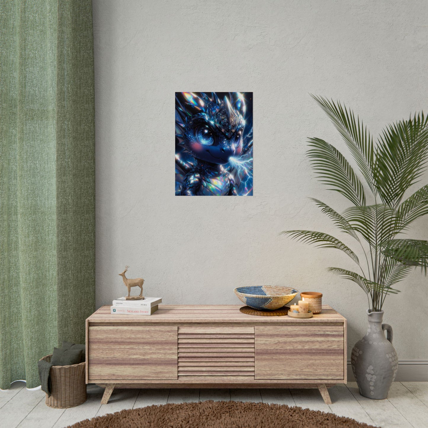 Shiny Blue Dragon Rolled Poster — Cute Electric Fantasy Wall Art