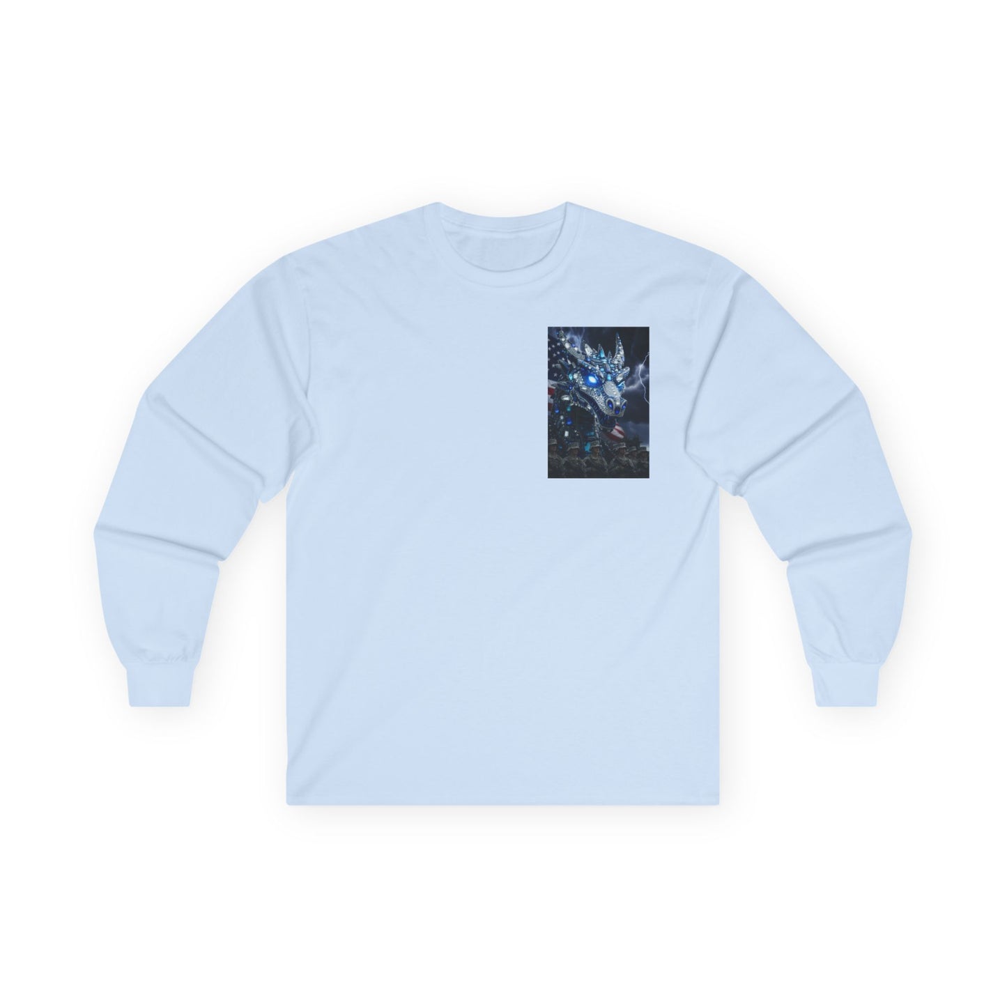 Mystic Blue Dragon Long Sleeve Tee — Night Forest Animal Graphic
