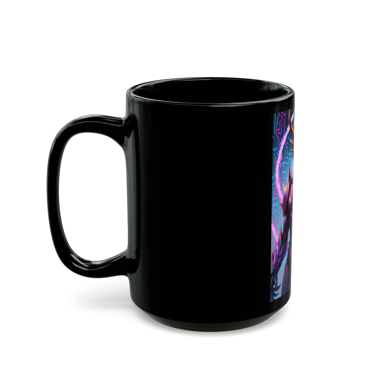 A Stunning Fantasy Black Mug with Dragon and Warrior Design