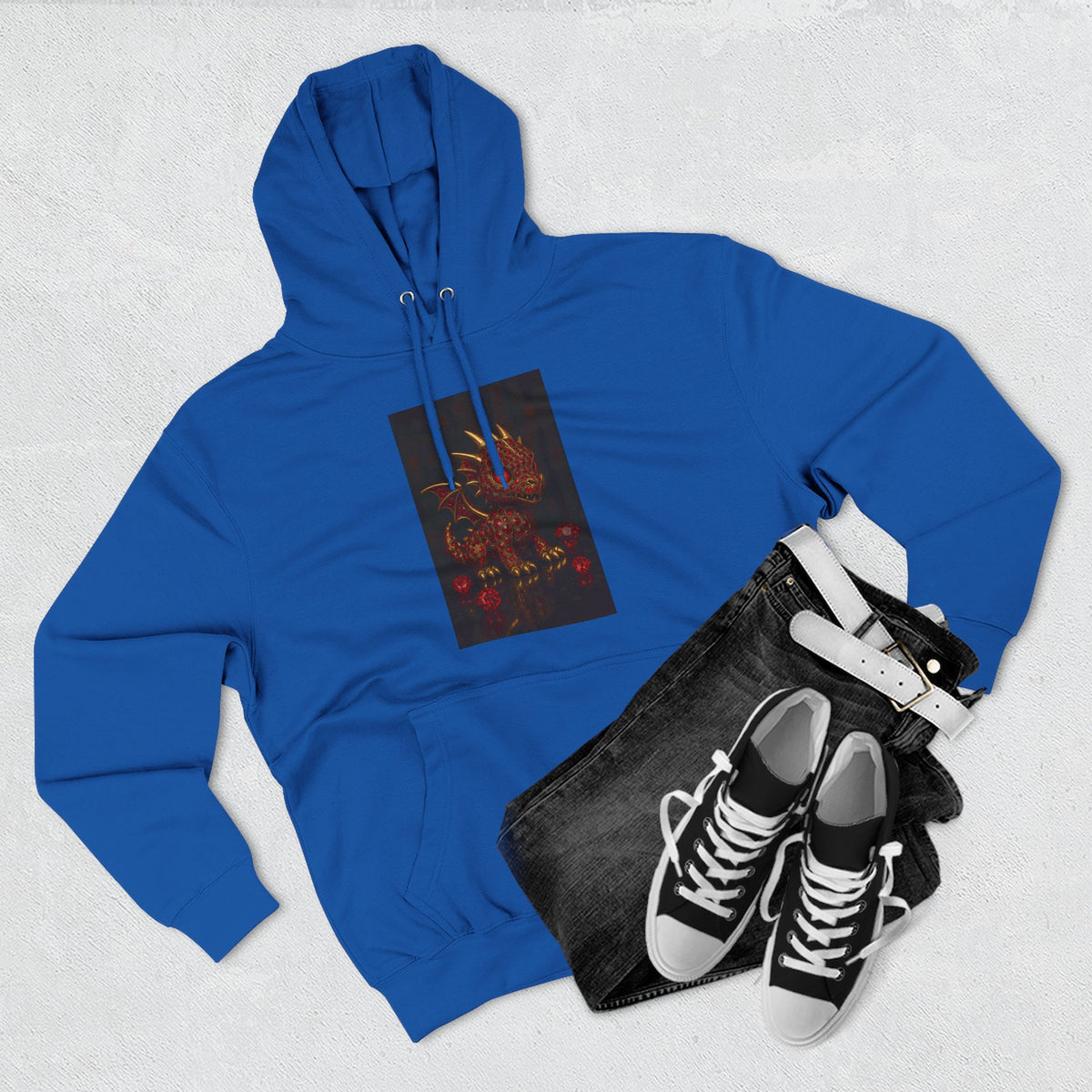 A RUBY RED Dragon Swirl Fleece Hoodie - Three-Panel Design for Fantasy Lovers
