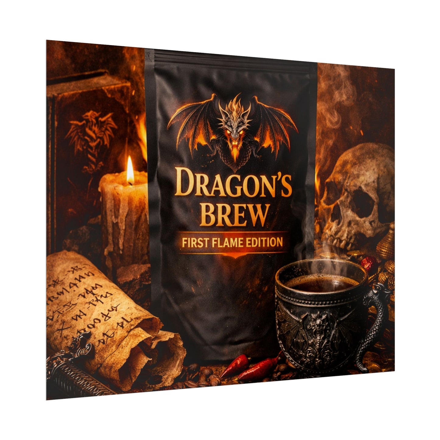 Rolled Poster — "Dragon's Brew: First Flame Edition" Fantasy Coffee Art Print