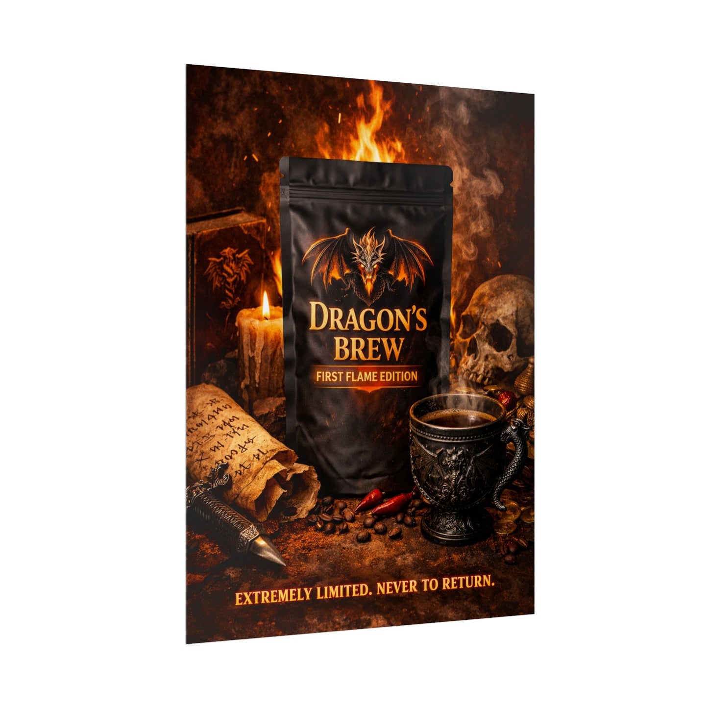 Rolled Poster — "Dragon's Brew: First Flame Edition" Fantasy Coffee Art Print