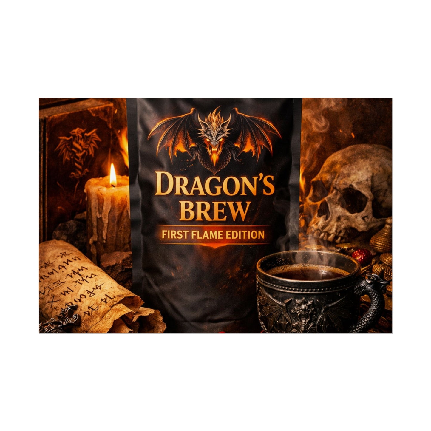 Rolled Poster — "Dragon's Brew: First Flame Edition" Fantasy Coffee Art Print