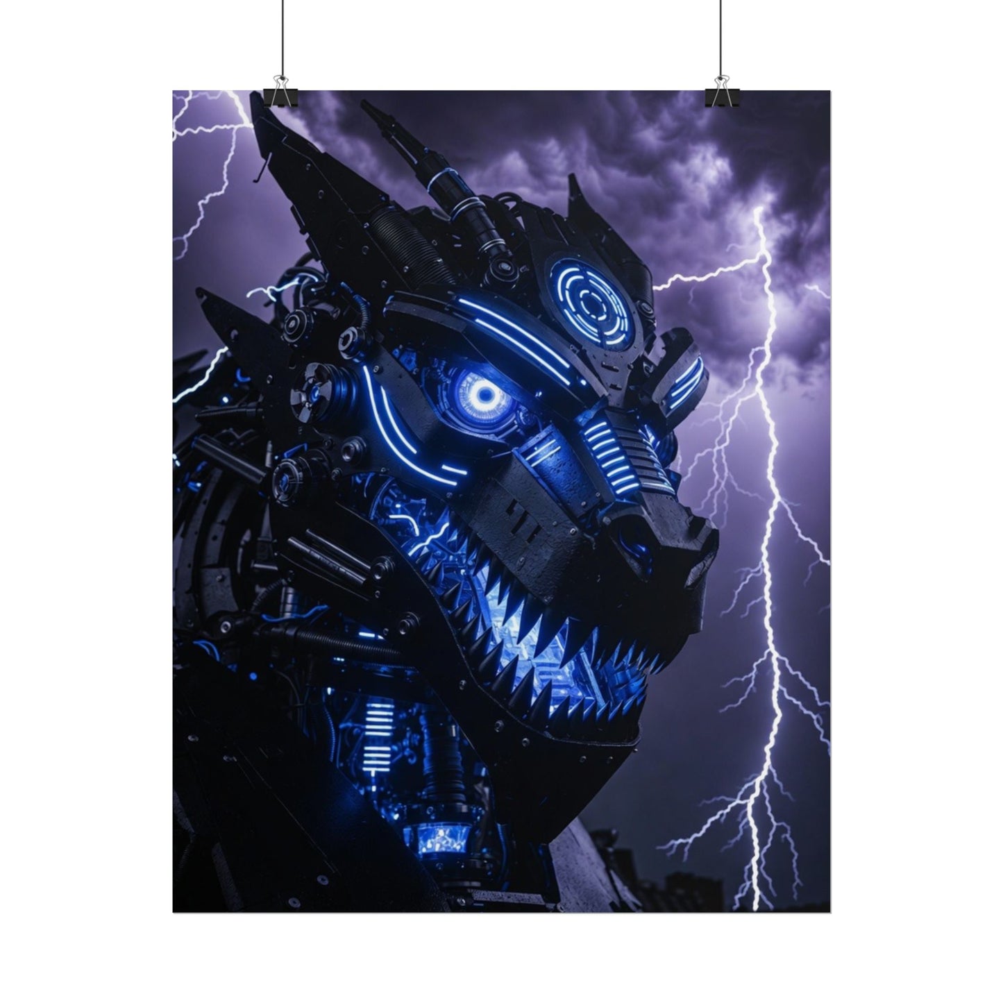 CyberDragon Storm Poster — Futuristic Mech Wolf Art Print (Rolled Poster)