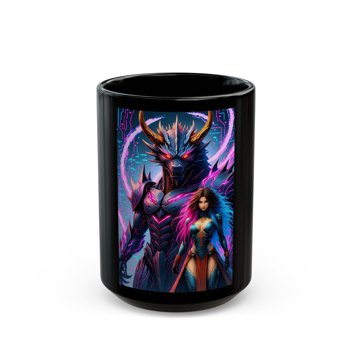 A Stunning Fantasy Black Mug with Dragon and Warrior Design