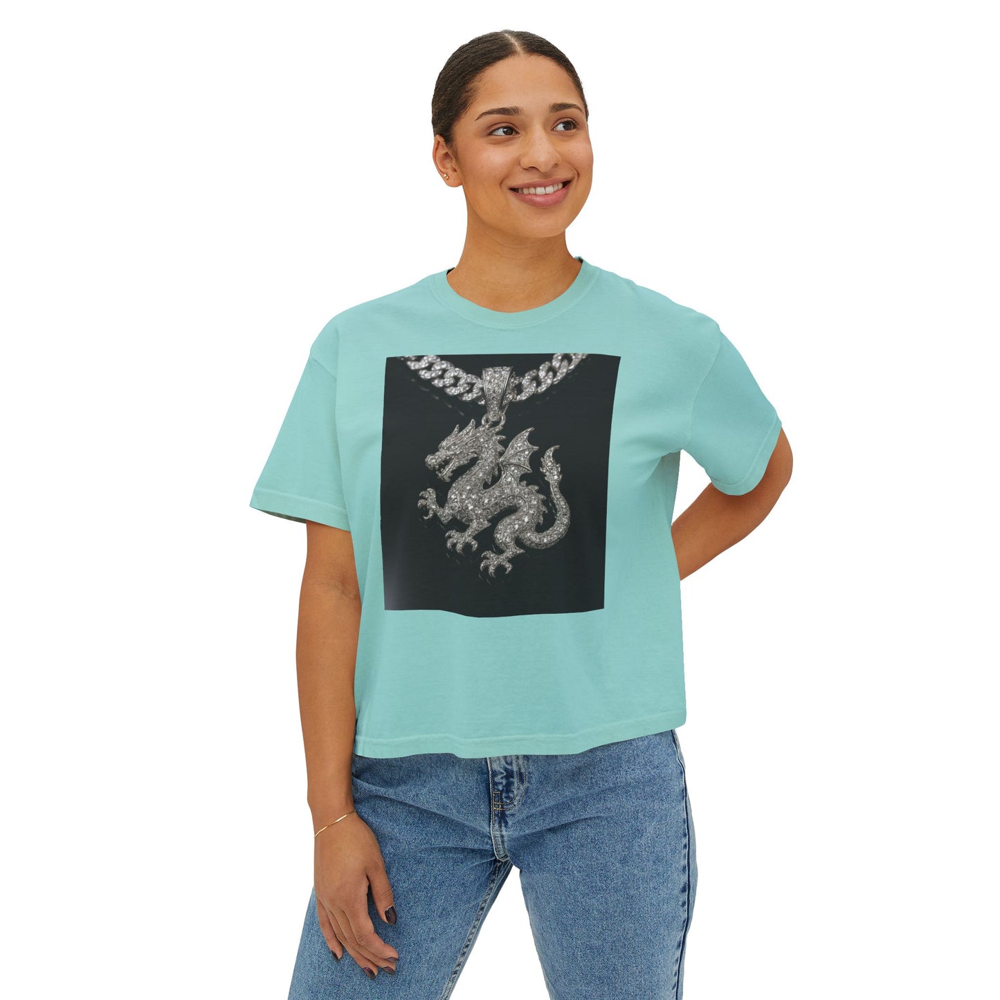 A Divine Diamond Dragon Pendant Graphic Women's Boxy Tee, Casual T-Shirt, Trendy Fashion, Streetwear Style, Unique Gift for Her, Everyday Wear