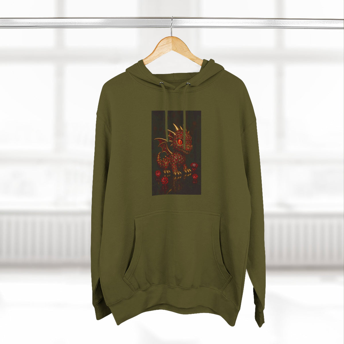 A RUBY RED Dragon Swirl Fleece Hoodie - Three-Panel Design for Fantasy Lovers