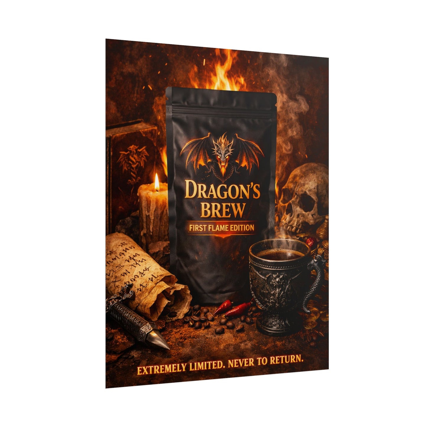 Rolled Poster — "Dragon's Brew: First Flame Edition" Fantasy Coffee Art Print