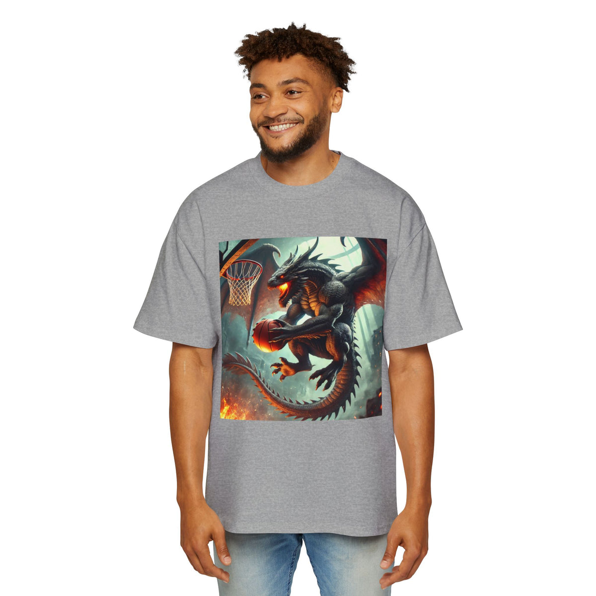 A Men's Fantasy Dragon Basketball Tee - Oversized Graphic Shirt, Streetwear Style, Casual Outfit, Gift for Him, Unique Art Tee