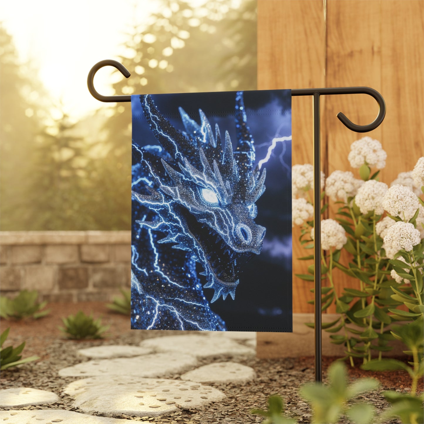 Electric Dragon Garden Flag — Lightning Blue Mythical House Banner