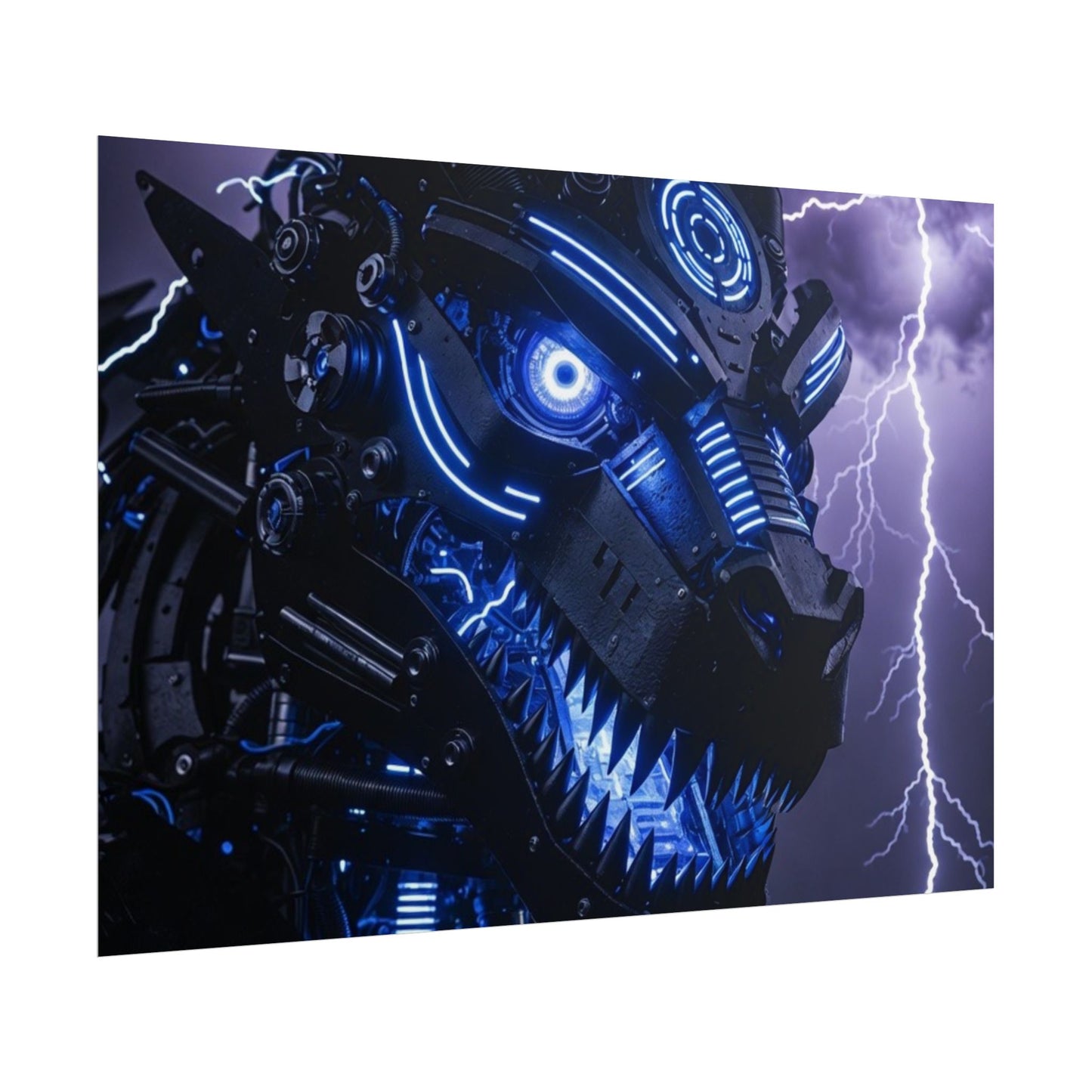 CyberDragon Storm Poster — Futuristic Mech Wolf Art Print (Rolled Poster)