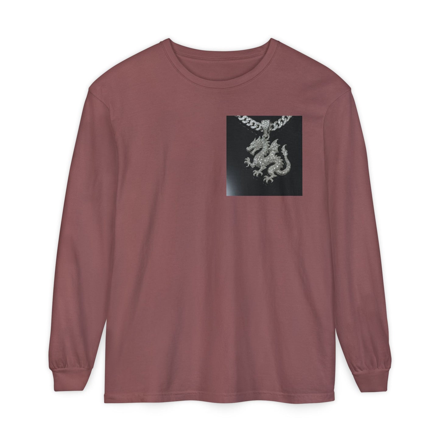 Dragon Pendant Long Sleeve T‑Shirt — Gothic Silver Chain Graphic