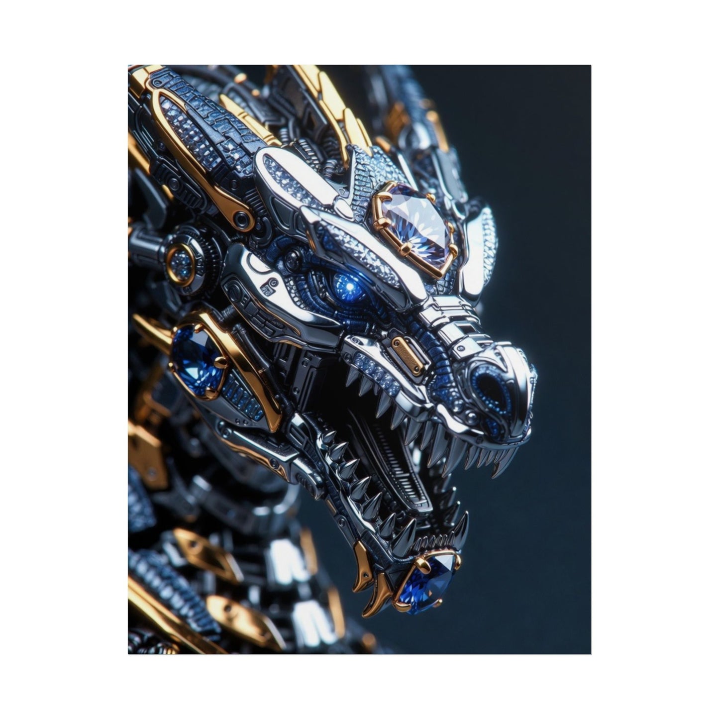 Mechanical Dragon Poster — Futuristic Gold & Blue Sci‑Fi Wall Art