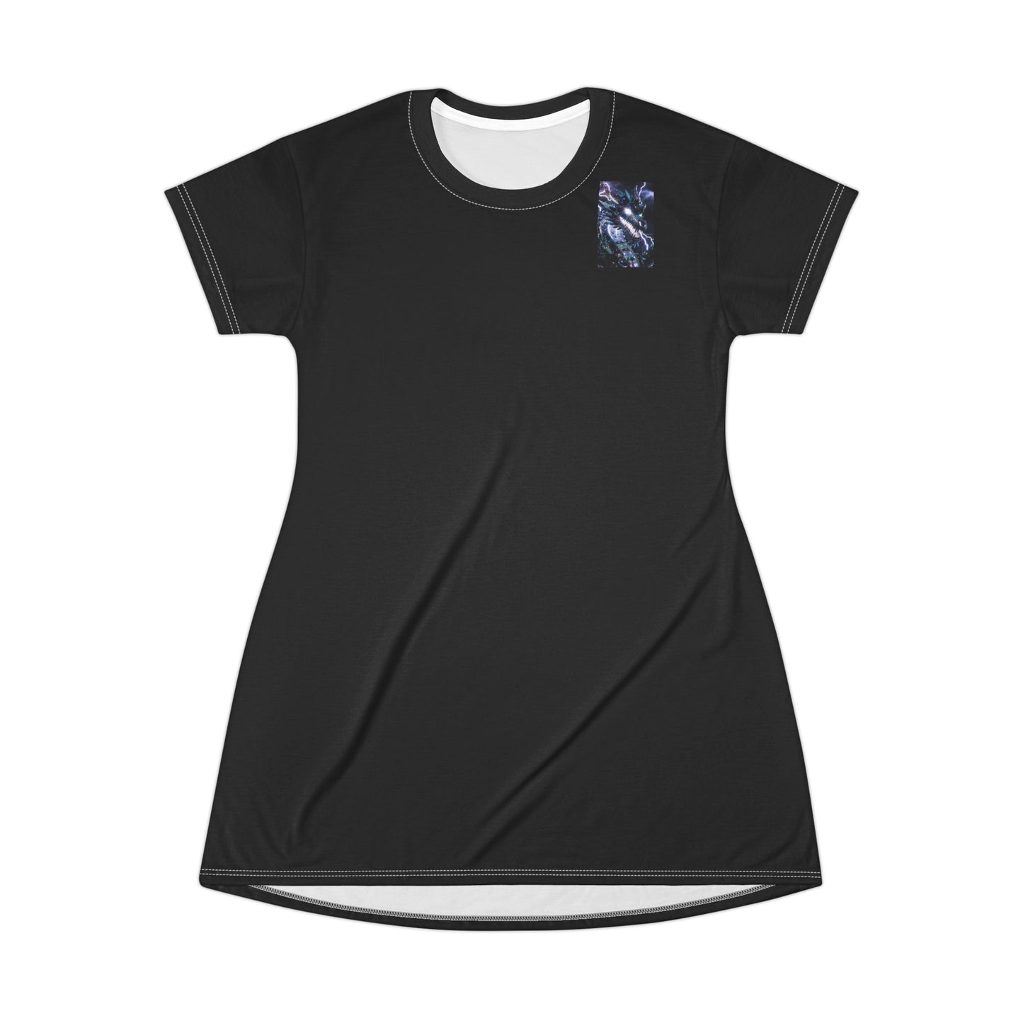 Black Pocket T‑Shirt Dress with Blue Marble Accent — Casual Everyday AOP Dress