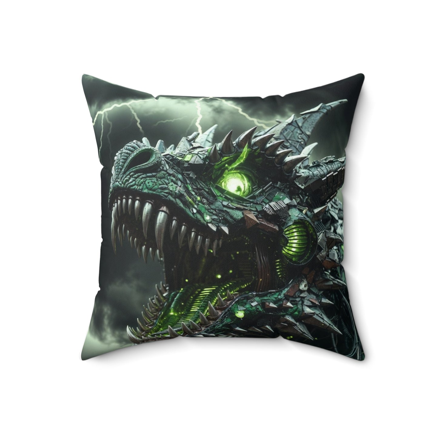 Dragon Skull Decorative Pillow — Green Cyber-Dragon Graphic Throw Pillow