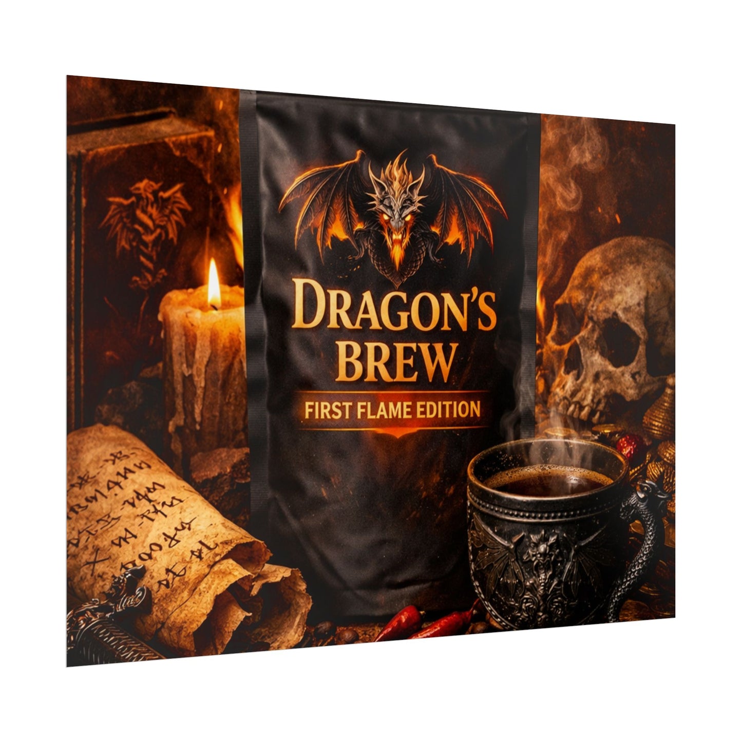 Rolled Poster — "Dragon's Brew: First Flame Edition" Fantasy Coffee Art Print