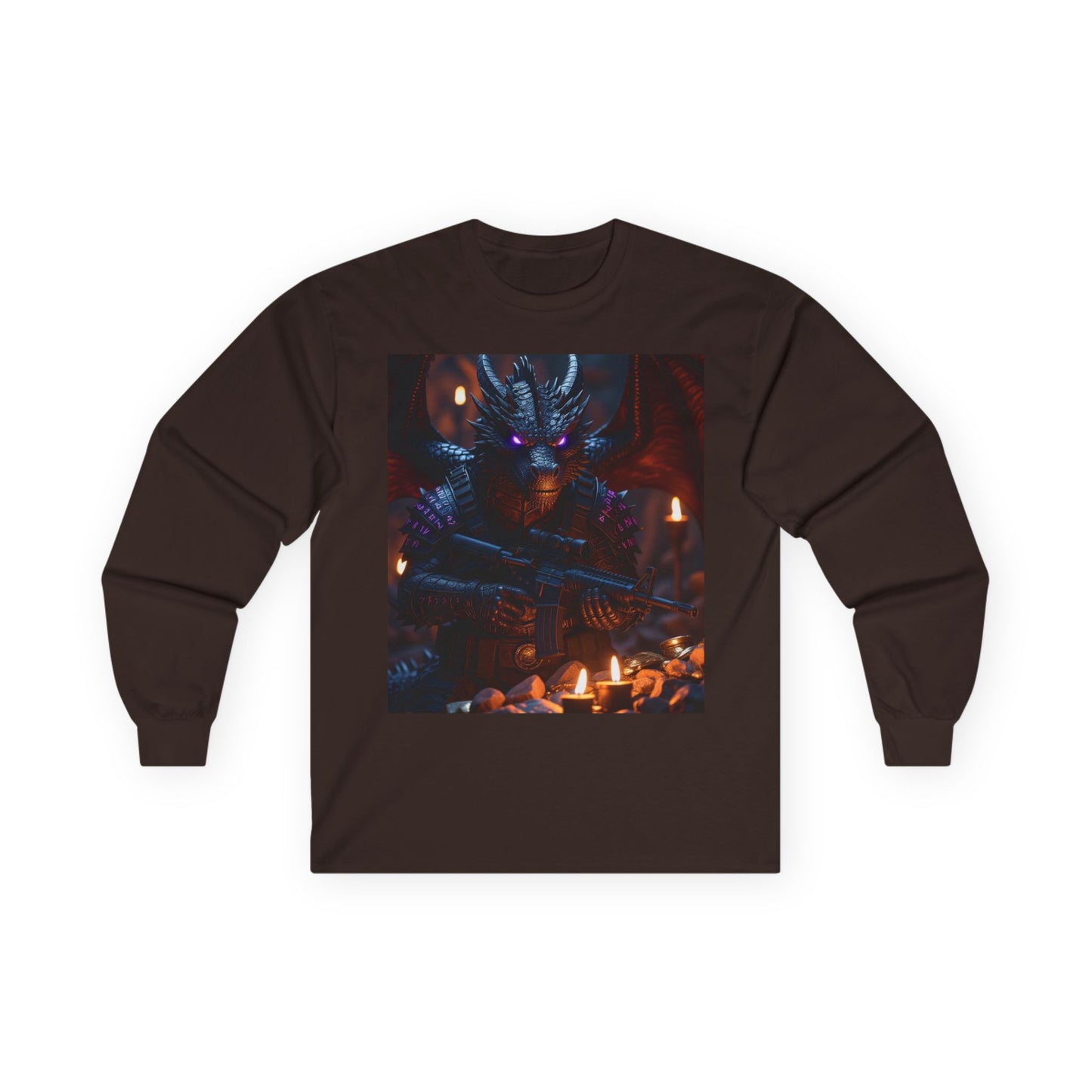 Dragon Knight Art Long Sleeve Tee — Dark Fantasy Candlelight Design