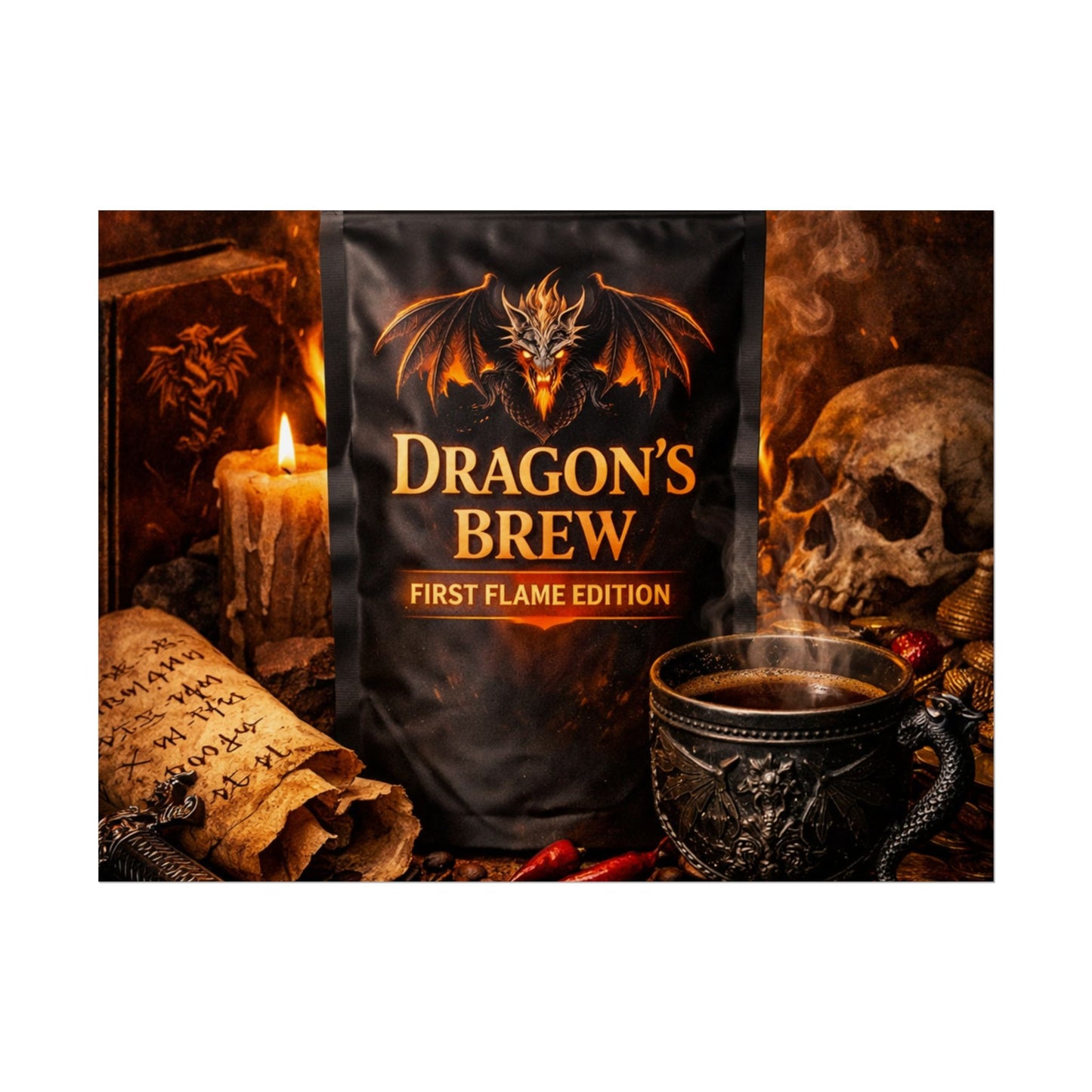 Rolled Poster — "Dragon's Brew: First Flame Edition" Fantasy Coffee Art Print