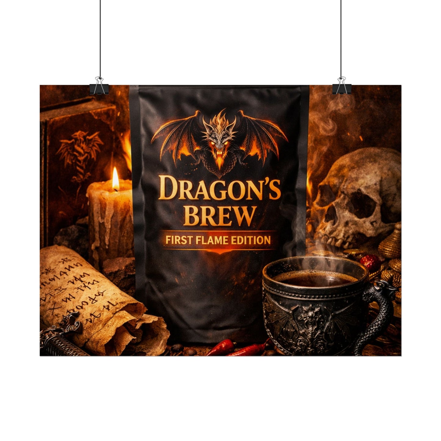 Rolled Poster — "Dragon's Brew: First Flame Edition" Fantasy Coffee Art Print