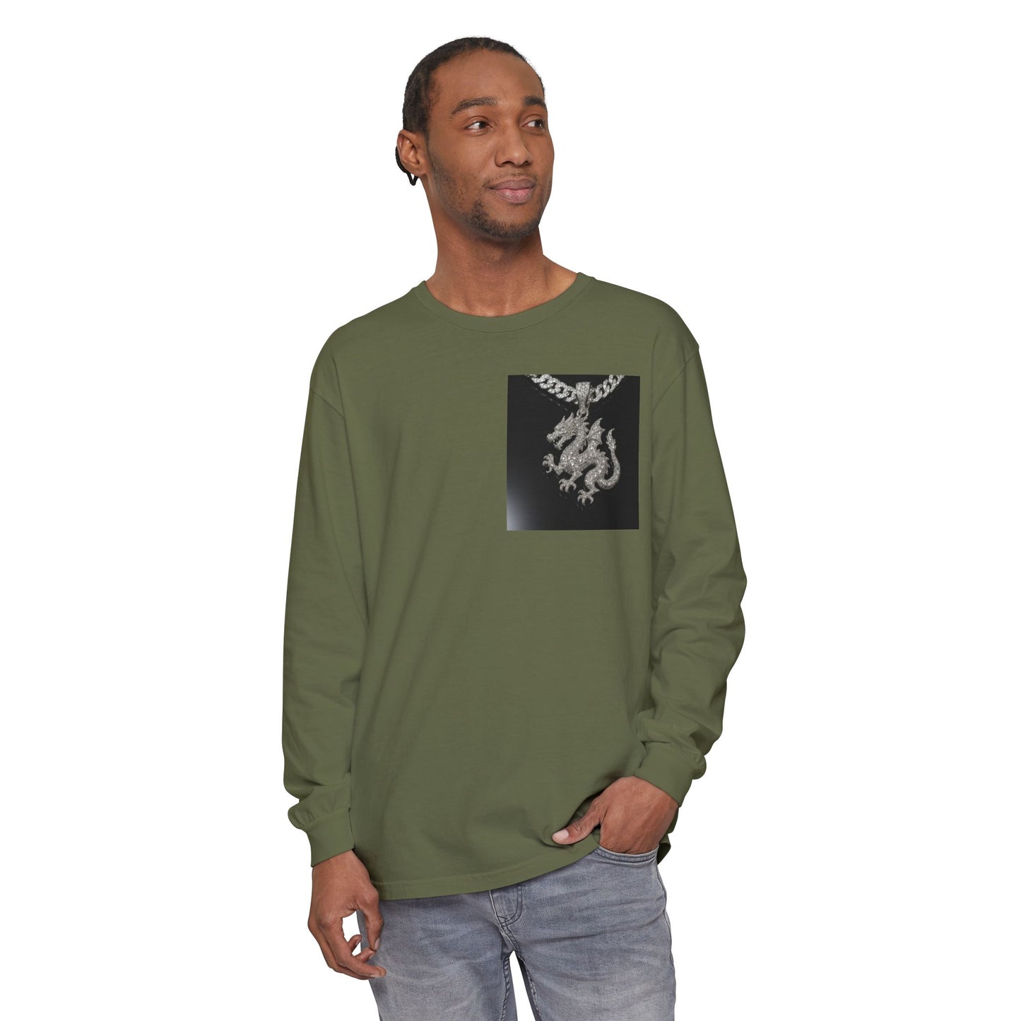 Dragon Pendant Long Sleeve T‑Shirt — Gothic Silver Chain Graphic