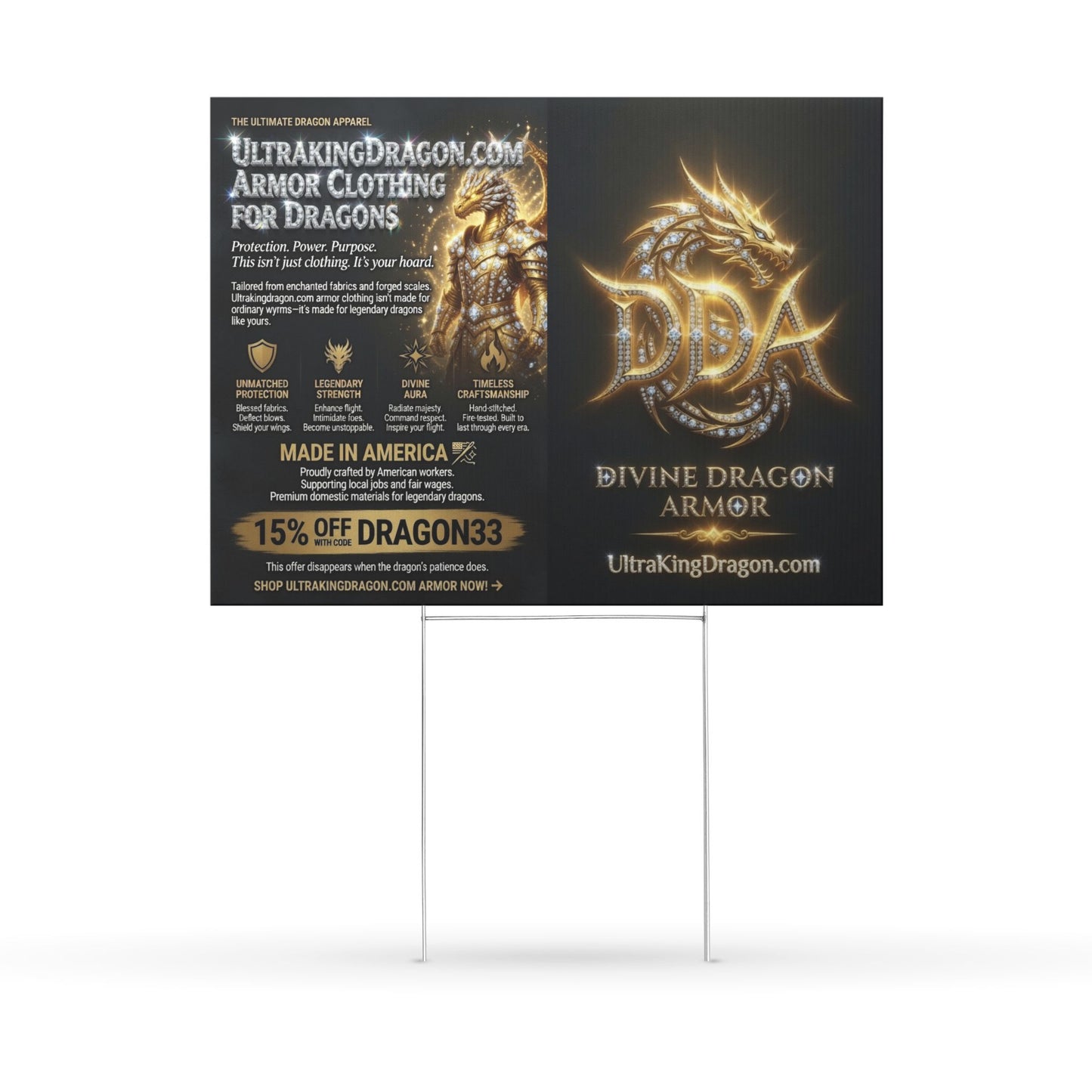 Divine Dragon Armor Yard Sign — Gold Dragon Logo Promotional Sign for UltrakIngDragon.com (15% OFF DRAGON33)