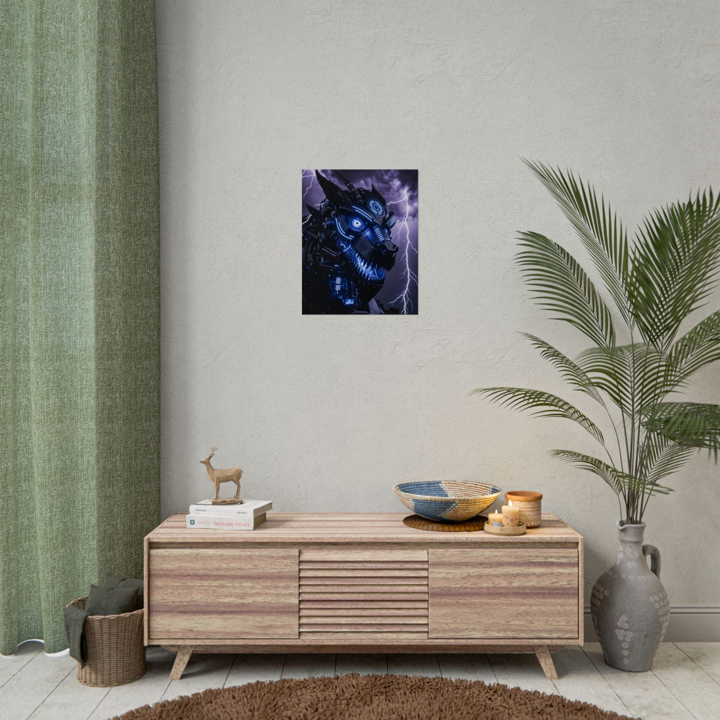 CyberDragon Storm Poster — Futuristic Mech Wolf Art Print (Rolled Poster)