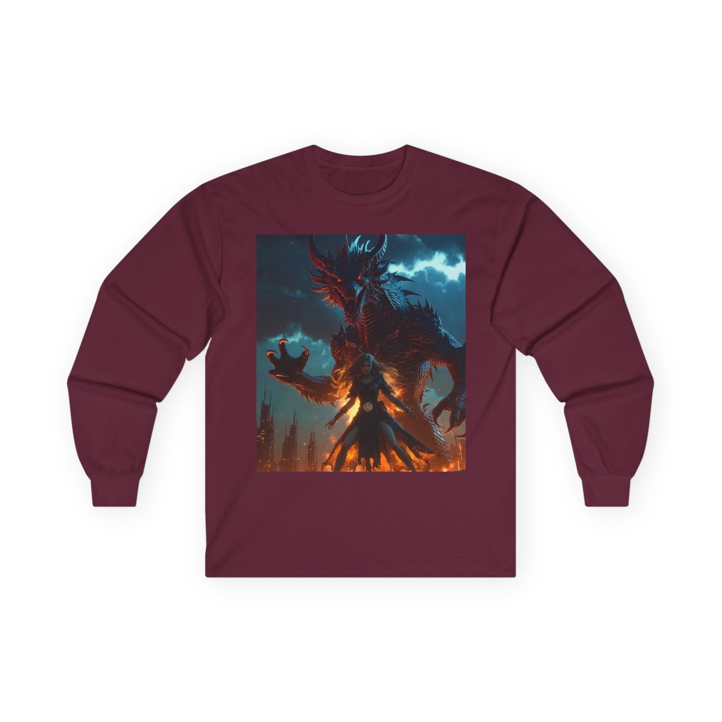 Dragon of Flame Long Sleeve Tee — Dark Fantasy Fire Demon Artwork