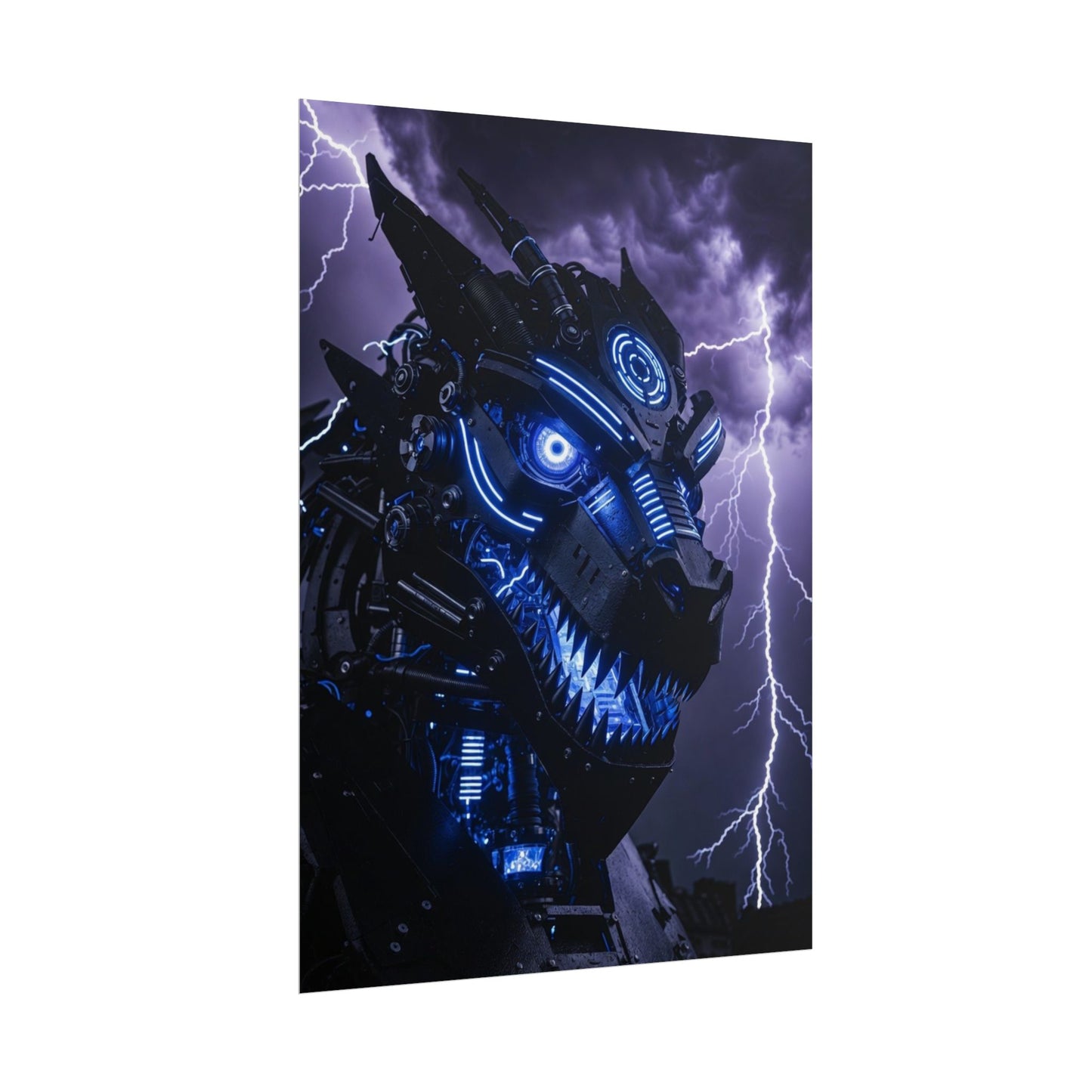 CyberDragon Storm Poster — Futuristic Mech Wolf Art Print (Rolled Poster)