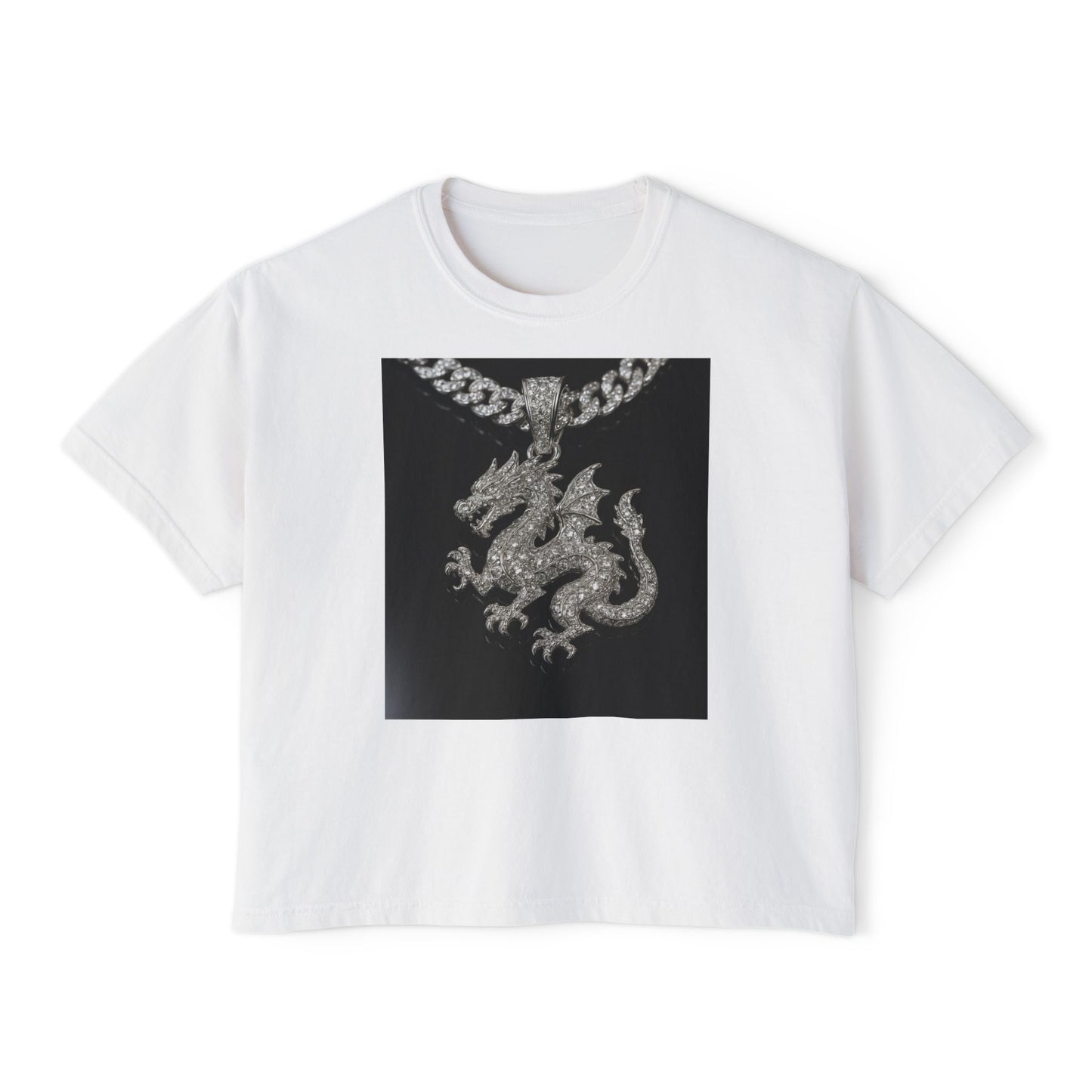 A Divine Diamond Dragon Pendant Graphic Women's Boxy Tee, Casual T-Shirt, Trendy Fashion, Streetwear Style, Unique Gift for Her, Everyday Wear