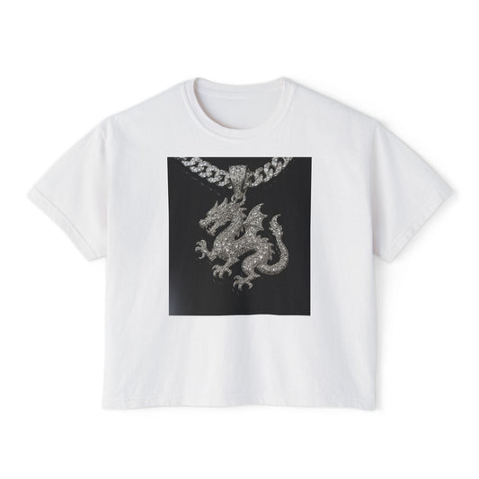 A Divine Diamond Dragon Pendant Graphic Women's Boxy Tee, Casual T-Shirt, Trendy Fashion, Streetwear Style, Unique Gift for Her, Everyday Wear