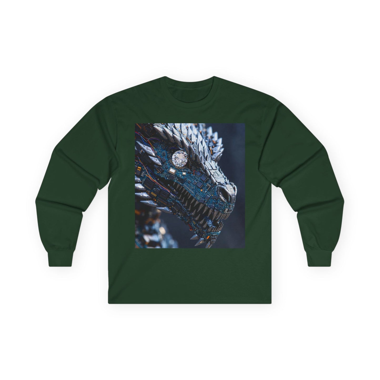 Dragon Head Graphic Long Sleeve Tee — Metallic Fantasy Artwork