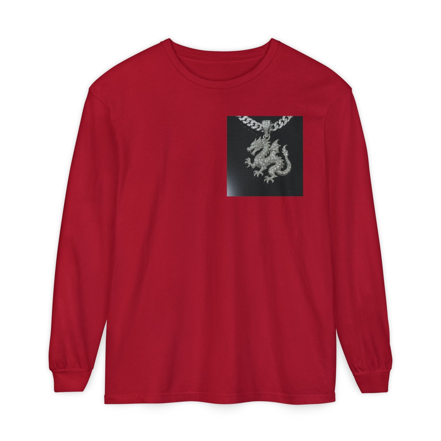 Dragon Pendant Long Sleeve T‑Shirt — Gothic Silver Chain Graphic