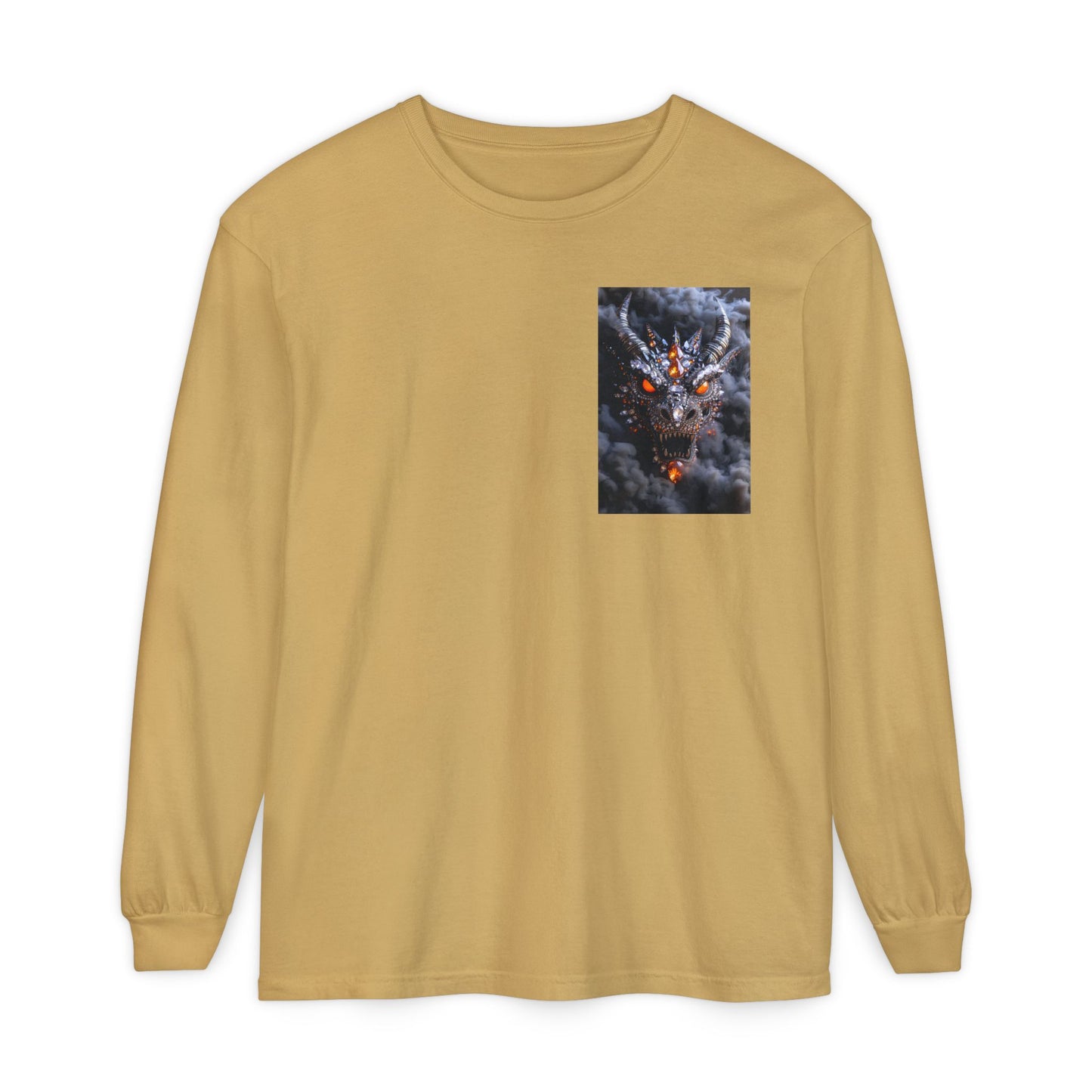 Long Sleeve T‑Shirt — Smoky Dragon Chest Print, Spooky Autumn Graphic