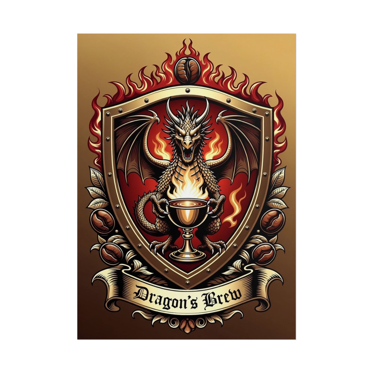Dragon's Brew Poster — Fantasy Dragon Shield Artwork Rolled Poster