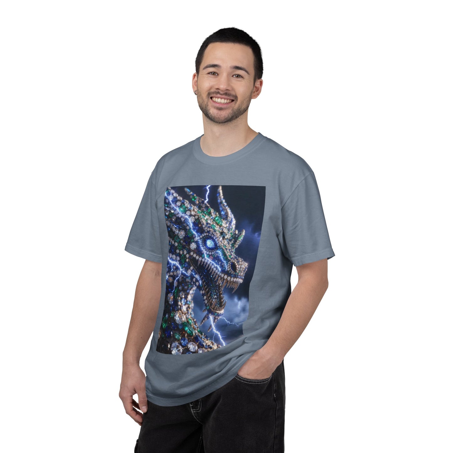 Dragon Lightning Graphic T-Shirt — Jewel-Studded Dragon Design