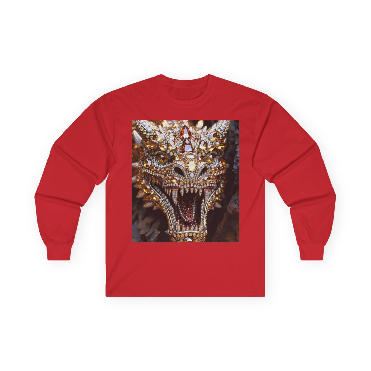 Dragon Mask Long Sleeve Tee — Ornate Fiery Dragon Face Graphic