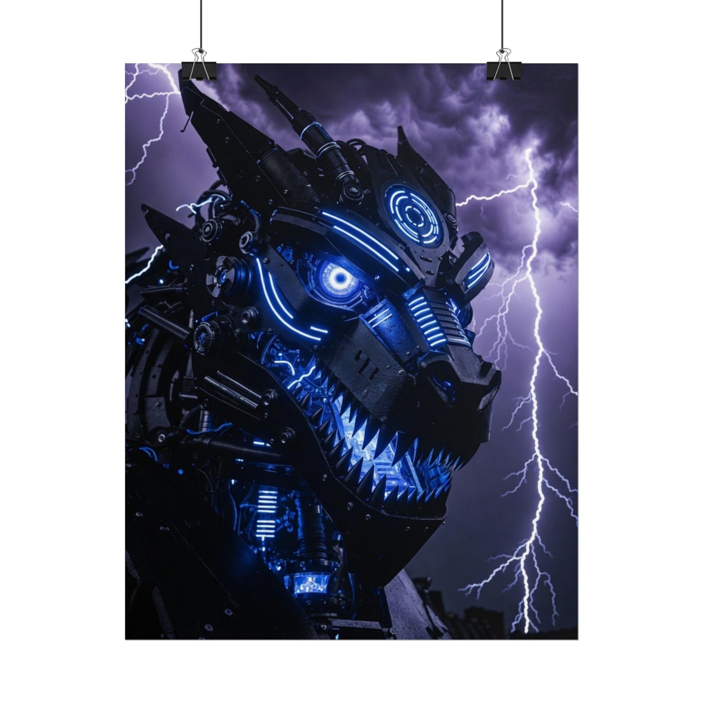 CyberDragon Storm Poster — Futuristic Mech Wolf Art Print (Rolled Poster)