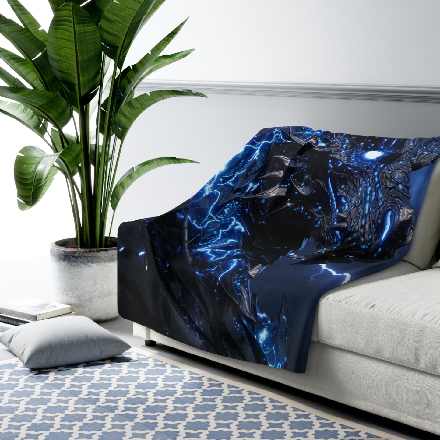 Electric Blue Dragon Sherpa Blanket — Plush Fleece Throw for Fantasy Fans